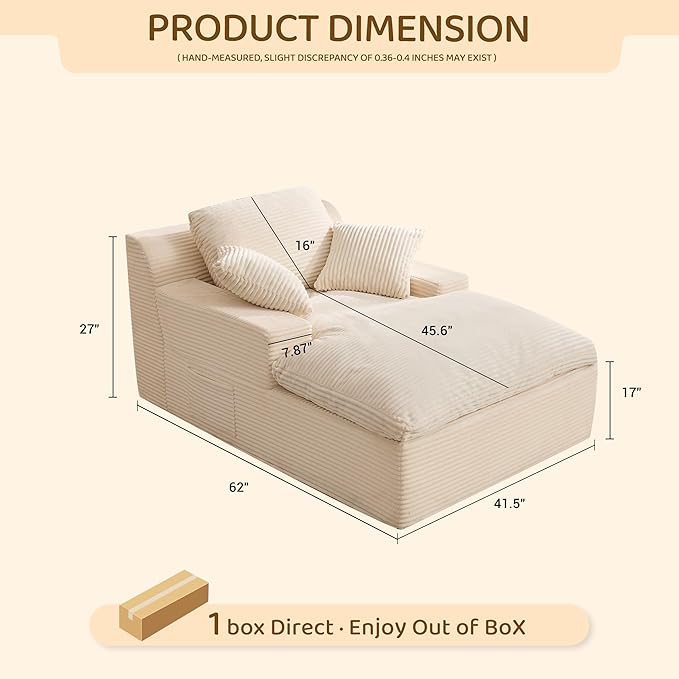 63" Chaise Lounge Chair Indoor, Set of Convertible Sleeper Sofa Couch with Throw Pillows & Side Pockets, Corduroy Upholstered Oversized Sofa Bed with Armrests for Living Room Bedroom, Beige