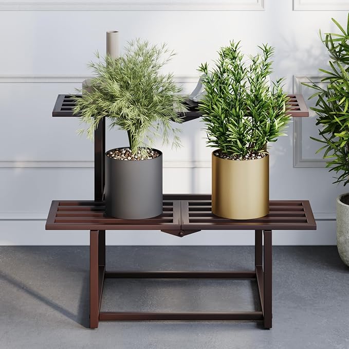 Metal Plant Stand, Foldable Heavy Duty Indoor, Window Iron Plant Shelf - Mid Century Modern Slatted Display for Patio, Garden, Living Room Load Bearing 330 lbs 26" L x 20.2" H x 17.7" W 2 Tier Coffee