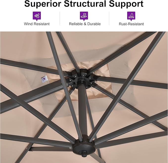 PURPLE LEAF 9'×9' Patio Umbrella with Base Outdoor Cantilever Umbrella with Cover Aluminum Square Offset Umbrella with 360-degree Rotation for Deck Pool Garden Beige