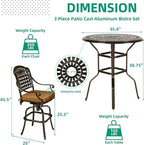 VIVIJASON 3-Piece Patio Swivel Bar Stools Set, All Weather Outdoor Cast Aluminum Bar Height Bistro Set with 2 Cushioned Bar Chairs & 35.4" High Bar Table w/Umbrella Hole for Backyard, Lawn, Garden