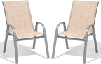 Patio Chairs Set of 2, Easily Set Up Stackable Outdoor Dining Chairs with High Back and Wide Seat, All Weather Breathable Outdoor Chairs Set of 2 with Metal Frame for Backyard Deck Pool, Beige