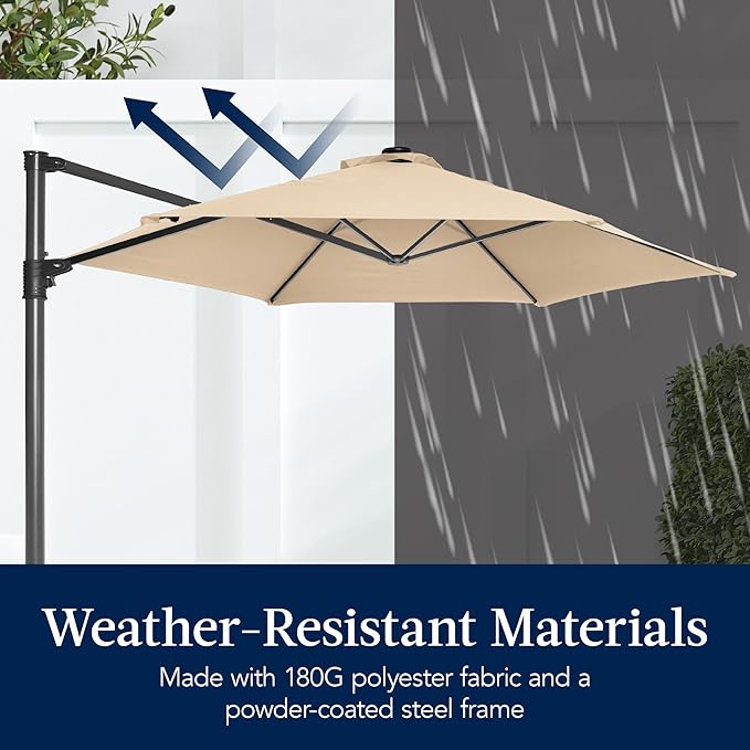 Best Choice Products 10ft Solar LED Offset Cantilever Hanging Market Patio Umbrella, Smooth 360° Rotation, 8 Sturdy Ribs, Easy Adjustment - Sand