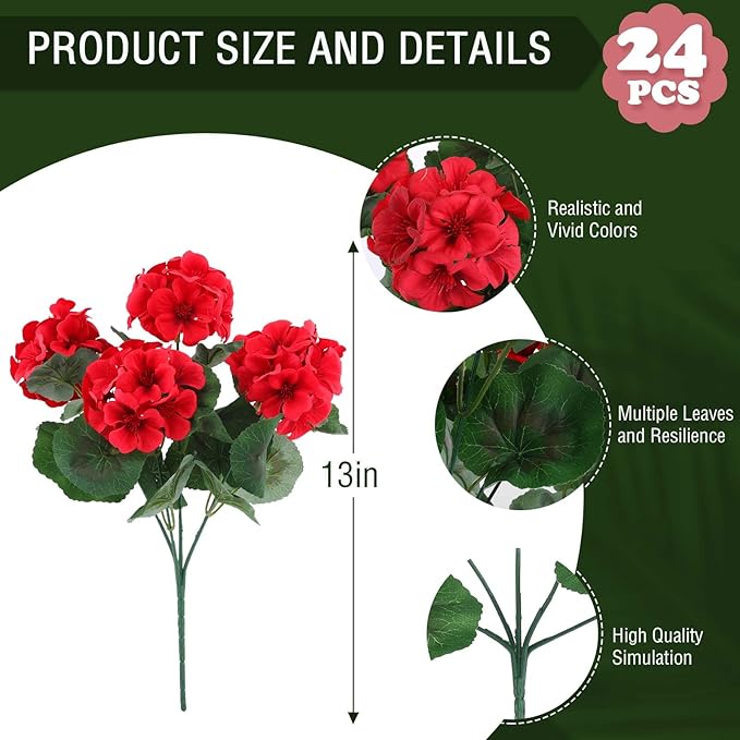 Artificial Geranium Flowers, Red Silk Bundles for Indoor and Outdoor Decor