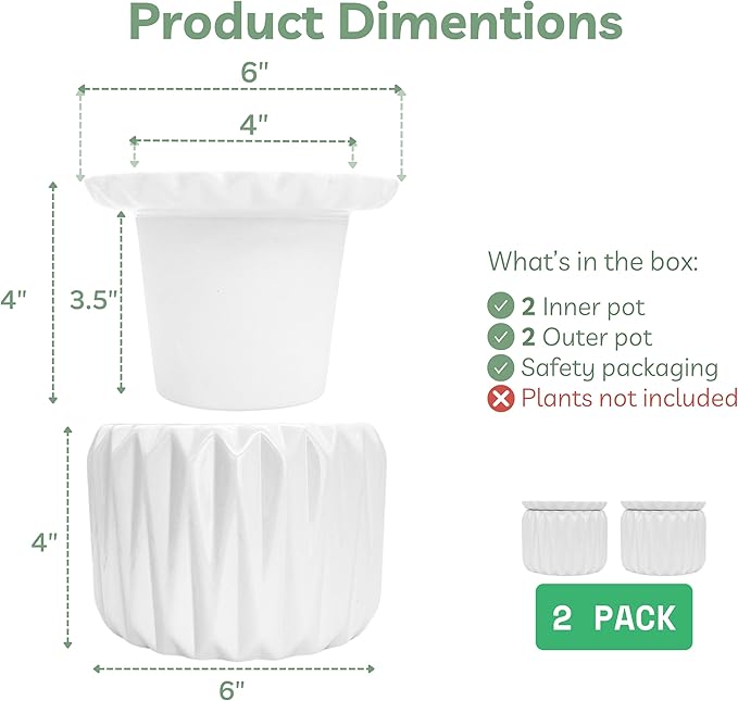 6 Inch African Violet Pots Self Watering, Ceramic Planter with Water Reservoir and Fill Lines, 4 Inch Opening, Indoor Flower Pot, Holds 3 Weeks of Water (2 Pack White)