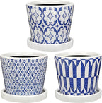Small Ceramic Pots for Plants, 4.7 inch Blue and White Plant Pot Indoor with Drainage & Saucer Set of 3 Ceramic Planters for Indoor Plants Succulent Pot Decorative Flower Pots for Cactus, Orchid, Herb