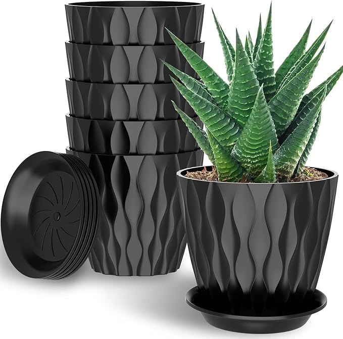 6 Pack 7 Inch Indoor Plant Pots with Drainage Holes, Outdoor Plastic Decorative Flower Pots, Garden Planters with Tray Saucers for Orchids, Violets, Succulents, Herbs, and Other Plants