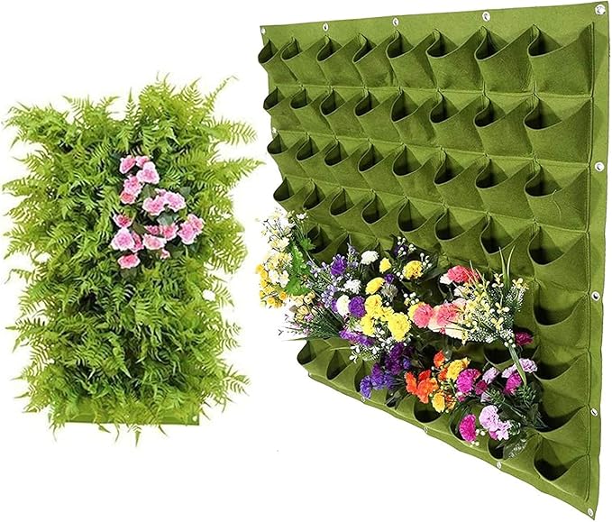 Hanging Planting Grow Bags, 64 Pockets Hanging Vertical Wall Planter Wall Mounted Grow Bag Outdoor Indoor Gardening Vertical Greening Flower Container, Planting Bags Storage Bags(1.0 m × 1.0 m, Green)