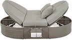 Merax Outdoor Sun Bed Patio 2-Person Daybed with Cushions and Pillows, Rattan Garden Reclining Chaise Lounge with Adjustable Backrests and Foldable Cup Trays for Lawn, Poolside, Grey