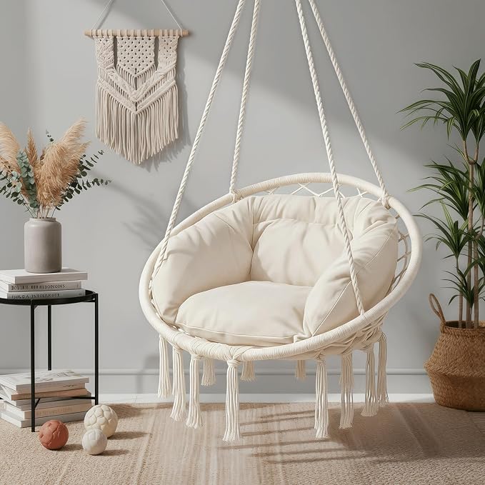 Hammock Chair, Beige Macrame Swing with Thick Seat Cushion
