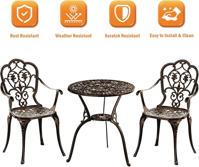 Bistro Set for 2, 3-Piece Cast Aluminum Patio Table and Chairs in Bronze