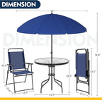 Shintenchi 6 Piece Patio Dining Set with Umbrella, Outdoor Furniture Set with 4 Folding Chairs and Tempered Glass Top Dining Table fot Lawn Backyard Garden Porch Blue