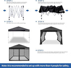 OASISHOME 10'x10' Pop-Up Gazebo Canopy Tent with Netting Sidewalls & Wheeled Bag,Weight Bag, Stakes, Ropes, Waterproof, UV Protection, Heavy-Duty Steel Frame for Backyard/Outdoor/Parties(Black)