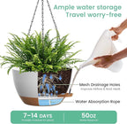 13 Inch 2 Pack Large Self Watering Hanging Planters for Indoor Outdoor Plants, Hanging Plant Pots with Removable 50 Oz Reservoir, Plastic Hanging Basket for Window Porch Garden, White with Brown