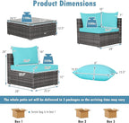 Tangkula 7 Pieces Wicker Patio Furniture Set, All-Weather Outdoor Rattan Sectional Sofa Set with Cushions & Tempered Glass Coffee Table, Outside Sofa Set for Garden, Lawn, Deck, Backyard (Turquoise)