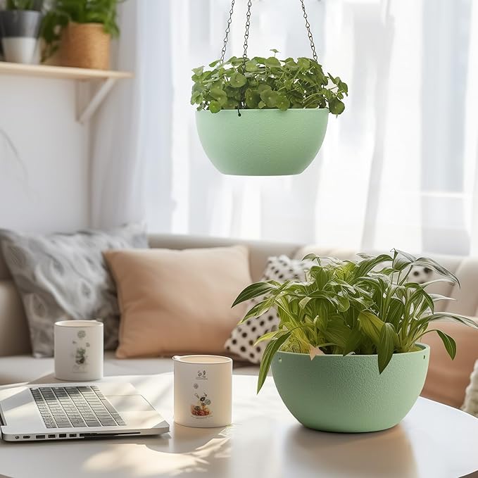 T4U 10 Inch Hanging Planters for Indoor Outdoor Plants, 2 Pack Plastic Hanging Planter, Indoor Hanging Plant Pots, Hanging Basket with Drainage Holes, Flower Pots for Garden Home Decor，Green