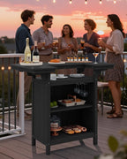 SERWALL Outdoor Bar Table Set (1 Table with 2 Chairs) – HDPE Black Patio Bar Cabinet with 4-Tier Storage & Spacious Tabletop, Perfect for Outdoor, Poolside, Backyard