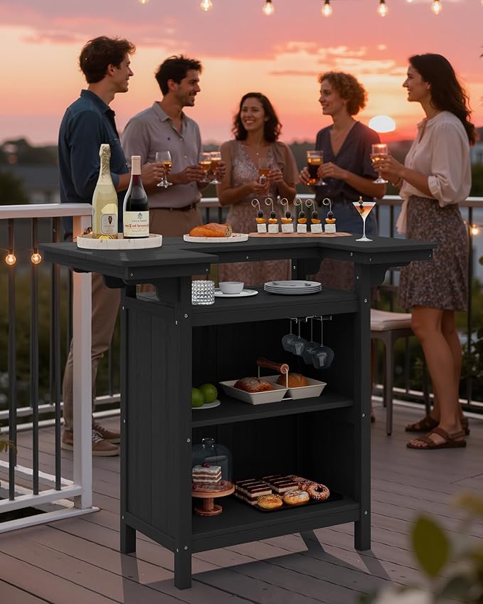 SERWALL Outdoor Bar Table Set (1 Table with 2 Chairs) – HDPE Black Patio Bar Cabinet with 4-Tier Storage & Spacious Tabletop, Perfect for Outdoor, Poolside, Backyard