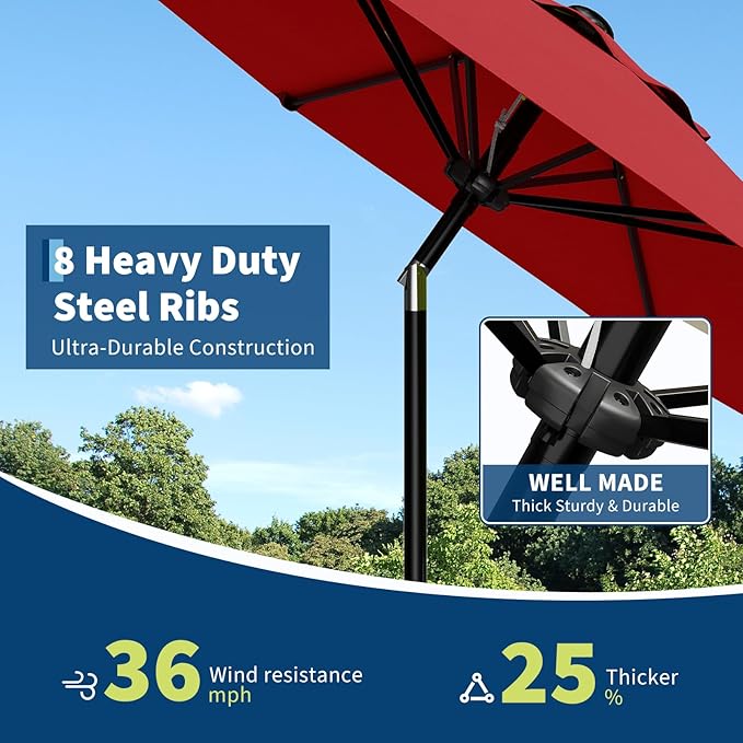 Garvee 9FT Patio Umbrella - Outdoor Table Umbrella with Smooth Crank Lift, Push Button Tilt and 8 Sturdy Ribs - Market Umbrella UV Protection Waterproof for Pool, Deck, Yard, Garden -Red