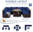 NICESOUL Large Size 9 Pcs Outdoor Patio Sectional Sofa Set with Firepit Natural Gas/Propane, 29.3'' High Back Conversation Sectional Couch Sets Deep Wide Sitting, Brown Rattan and Navy Blue Cushion