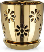 Oairse 6 inch Orchid Pots with Holes, Gold Ceramic Orchid Pot for Repotting Small Indoor Plant Pots with Drainage Holes and Saucers Decorative Flower Planter for Orchids, Indoor Plant