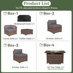Aoxun 12 Piece Patio Furniture Set with 44” Fire Pit Table Wicker Rattan Outdoor Sectional Sofa Set with Coffee Table and Thickened Cushions, Grey (Waterproof Cover Included)