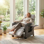 Restland Outdoor Recliner with Independent Adjustable Back & Footrest Wicker Patio Reclining Chair with Flip Table Comfortable Lounge Chair & Thick Cushion for Deck, Porch (Grey)