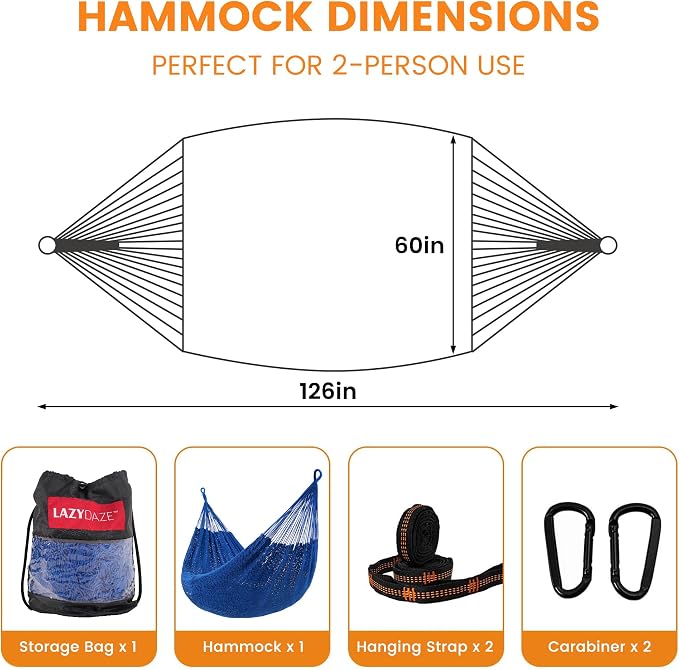 Hammock for Two, Soft Rope, 550 lb Capacity, Blue with Carry Bag