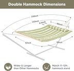 SUNCREAT Portable 2 Person Hammock with Hardwood Spreader Bar, Cotton Rope Outdoor Hammock with Polyester Pad, Green&Beige