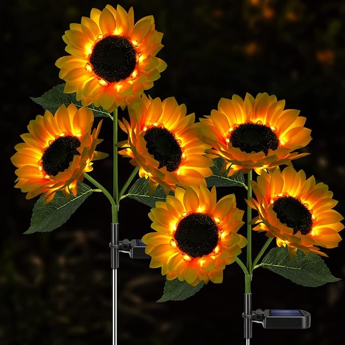 Solar Sunflower Lights, 800mA Solar Garden Light with Real Looking Flowers Outdoor Waterproof Solar Stake Lights for Back Yard, Flower Bed, Pathway, Patio, Porch, Spring Decoration (2 Pack)