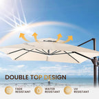 10 X 13 FT Cantilever Patio Umbrella with Led Lights and Base Included Outdoor Heavy Duty Double Top Rectangle Offset Umbrellas with 360-degree Rotation for Pool Deck Backyard, Beige