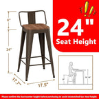 WENTMENT Industrial Rusty Bar Stools Set of 4, 24" Counter Height, Wooden Seat, Removable Back, Stackable