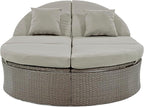 Merax Outdoor Sun Bed Patio 2-Person Daybed with Cushions and Pillows, Rattan Garden Reclining Chaise Lounge with Adjustable Backrests and Foldable Cup Trays for Lawn, Poolside, Grey