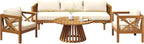 Merax Outdoor 4-Piece Acacia Wood Conversation Set - Patio 3-Seat Loveseat Sofa w/Coushion, 2 Armchair and Round Coffee Table for Backyard, Lawn, Balcony, Teak + Beige