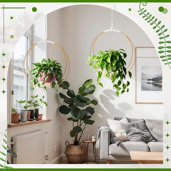Geelin 4 Pack Plant Hanger with Wood Base Hanging Window Planter Boho Macrame Hanging Potted Plant Holders for Indoor Outdoor Window Wall Ceiling Home Decoration, Pot & Sapling Not Included(Gold)