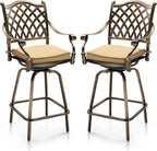 VINGLI Outdoor Swivel Bar Stools Set of 2, Cast Aluminum All-Weather Patio Bar Height Chairs, Patio Bar Dining Chairs Outdoor Swivel Patio Furniture (Grid Back)