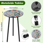 1 Pack Metal Outdoor Side Table Small Outside Round End Table for Patio Modern Accent Garden Corner Table for Small Spaces, Balcony, Porch, Weather-Resistant, Plant Stand Indoor, Mixed Mosaic