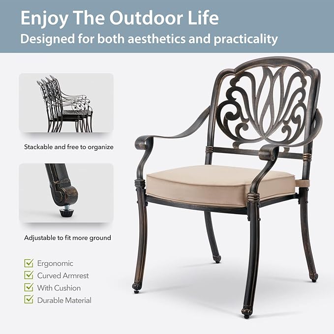 9-Piece Cast Aluminum Patio Furniture, Outdoor Dining Sets for 8 Include 87" Oval Patio Dining Table and 8 Stackable Chairs with Cushions & Umbrella Hole (Bronze)