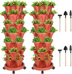 GameXcel Vertical Planter 7 Tier Stackable Planters Garden Planters Strawberry Herb Flower and Vegetable Planter Indoor Outdoor Gardening Pots with Removable Wheels and Tools 2-Pack