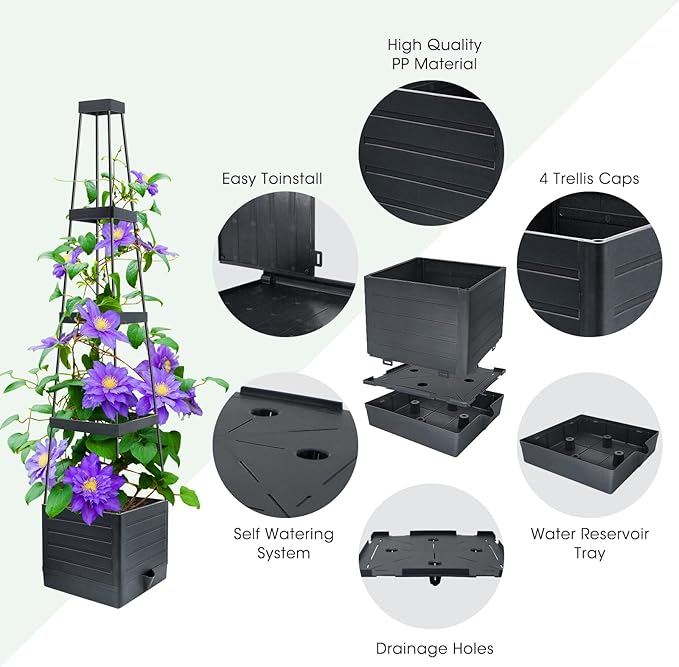 MQUPIN Tomato Planter Box with Trellis for Garden, 57 Inch Self-Watering Raised Garden Bed, Patio Tomato Cage for Climbing Vegetables & Flowers, Upgraded Tomato Pot for Indoor Outdoor Use (4 Pack)