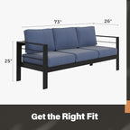 Solaste Aluminum Outdoor Couch, 3-Seat Metal Outdoor Sofa with Water-Resistant Cushion, Weather-Resistant Modern Patio Sofa, Black Frame Blue Cushion