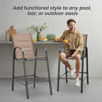 HOMREST Outdoor Bar Height Stools Set of 6,Stackable Patio Chairs with Armrests, High Back Textilene Chairs with Breathable Fabric & Metal Frame for All Weather,Brown