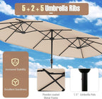 Tangkula 9 Piece Rattan Outdoor Dining Set with 13Ft Umbrella for 6, Outdoor Wicker Table Set with 6 Cushioned Armchairs, Acacia Wood Top, Outdoor Umbrella & with Base Included
