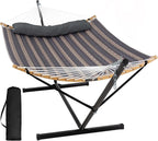 SUNCREAT Hammocks for Outside with Stand Included, Double Hammock with Curved Spreader Bar, Carrying Bag, Gray Stripes