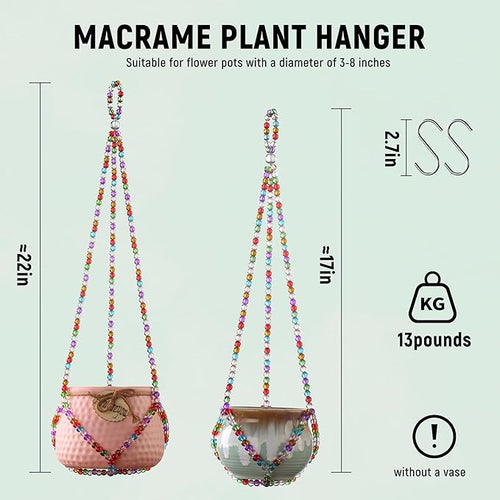 2 Pack Macrame Plant Hanger, Handmade Glass Bead Plant Hanger Colorful Decorative Bohemian Hanging Planter Holder for Indoor and Outdoor Home Garden Decor. Does Not Include Flower Pot.(17''/21'')
