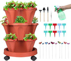 Vertical Planter 3 Tier Stackable Planters Garden Planters Strawberry Herb Flower and Vegetable Planter Indoor Outdoor Gardening Pots with Removable Wheels and Tools