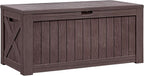Flamaker Resin Deck Box 120 Gallon Waterproof Large Outdoor Indoor Storage Box Imitation Wood Resin for Patio Furniture Garden Tools and Pool (Deep Brown)