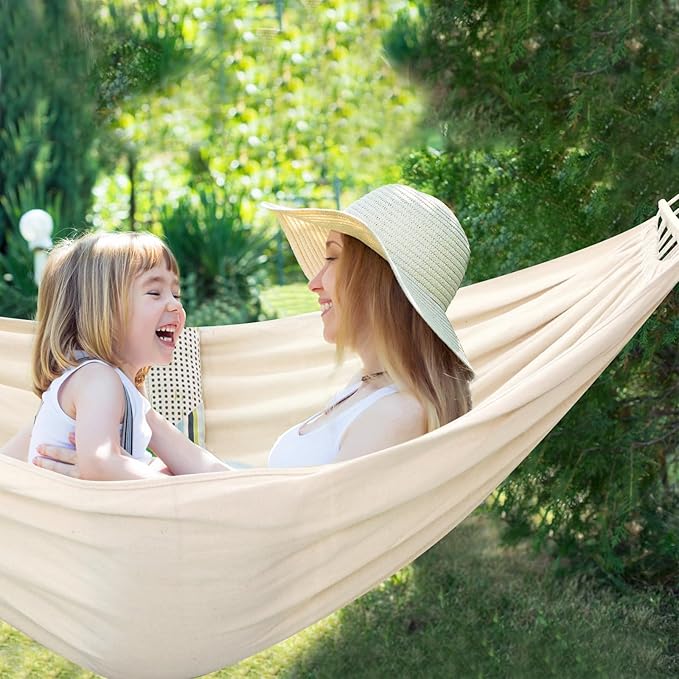 Chihee Cotton Hammock Large Soft Breathable Camping Hammock Holds Up to 660lbs Portable Tree Hammocks with Detachable Spreader Bar Pillow 2 Strong Webbings 2 Carabiners Patio Garden Indoor Outdoor