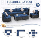 NICESOUL Outdoor Sofa Set of 8, Deep Seating Extra Large Patio Conversation Set, 29.3'' High Back Modern Luxury Wicker Modular Sectional for Backyard Lawn Deck Garden, 2 Color Cushions Navy & Gray