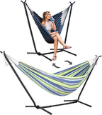 SUNCREAT 2-in-1 Convertible Backyard Fabric Hammock with Stand, Large Hammocks for Outside, Patented, Light Green Stripes