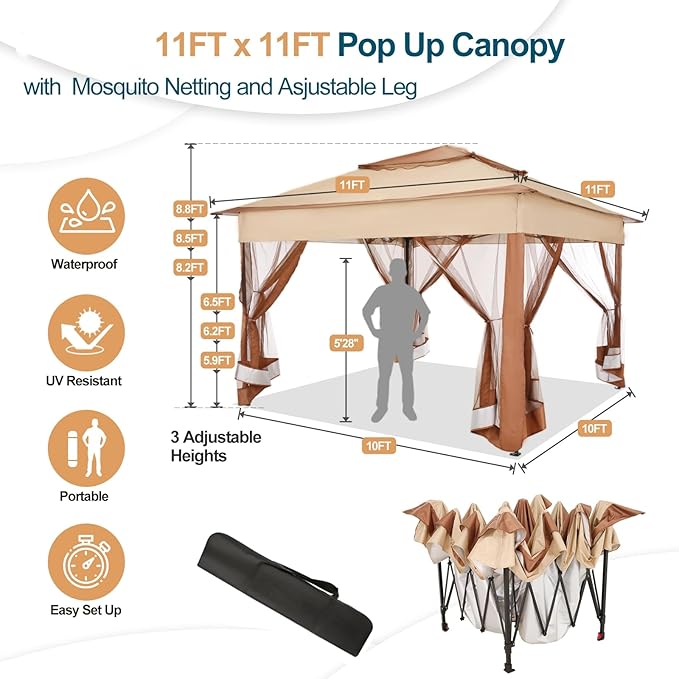 11x11 Pop Up Gazebo Canopy Tent Easy Up Outdoor Gazebo – Khaki